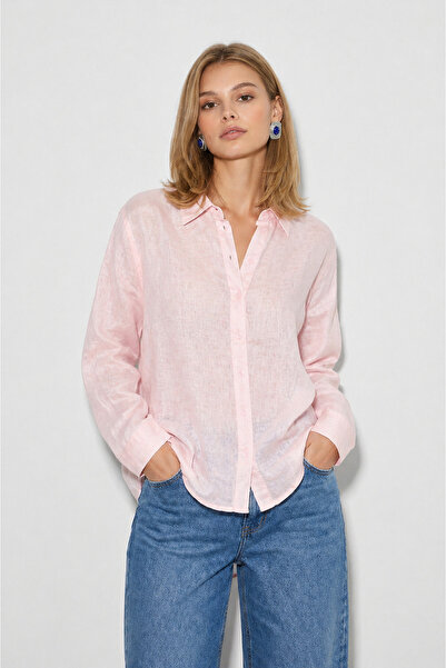 VENA Alina Oversize %100 Keten Gömlek-Pudra