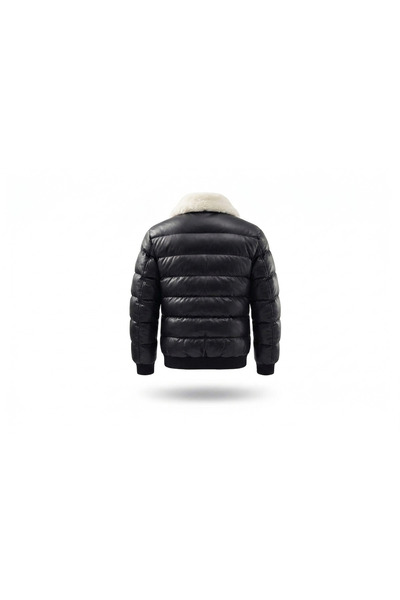 Amur Fur Collar Black Leather Inflatable Coat