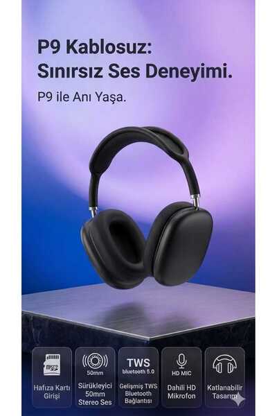 BLOOFY TECH P9 Siyah Kablosuz 5.0 Mikrofonlu Bluetooth Kulaklık Siyah (P9),,
