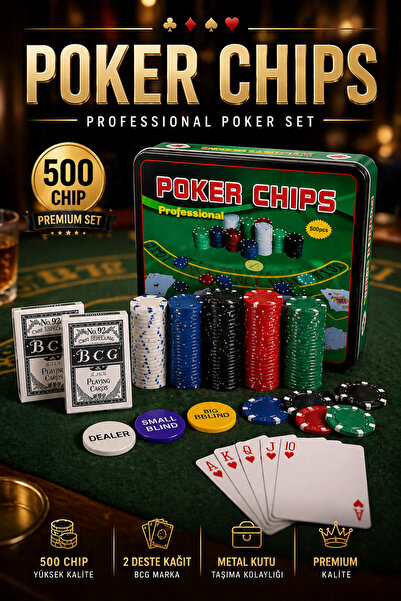 Munico Metal Kutu Poker Seti 500 Chip + 2 İskambil Kartı + Çuha Turnuva ve Ev...