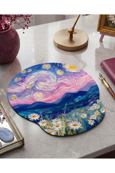 matizya Sanatsal Papatya ve Yıldızlı Gece Temalı Bilek Destekli Mousepad – Es...