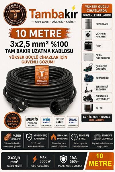 inwatt 10 Metre - 3x2,5 mm %100 Tam Bakır Uzatma Kablosu | Tekli Kauçuk Fiş |...