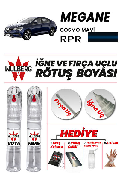 Renault Megane Cosmo Mavi RPR Rötuş Boya 25 ml + Vernik İğne & Fırça Uçlu Kalıcı Çizik Giderici