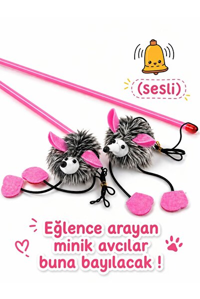 HAYHAYPETSHOP Sesli Kedi Oyuncağı Kirpi Sesli Olta Dayanıklı Tüylü Av Oyuncağ...