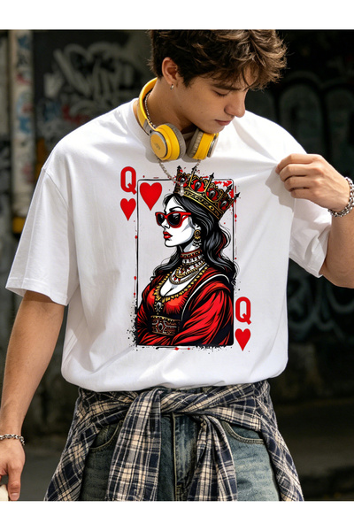 bolivia's Y-Red Heart Q Stunning Queen، تي شيرت نسائي مطبوع عليه بطاقة الملكة...