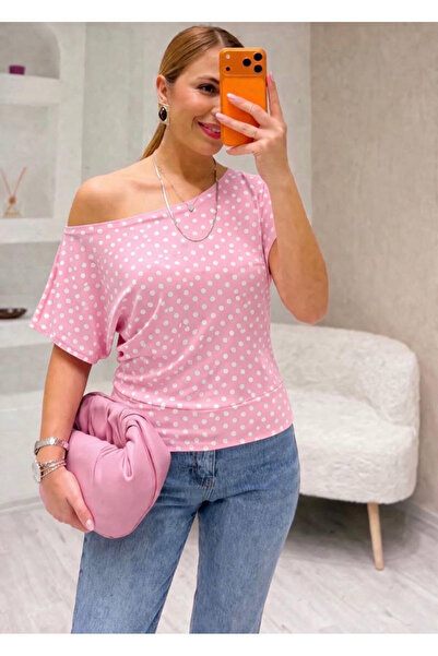 Royteks Fashion Puantiyeli kayık yaka Şık kadın Bulüz