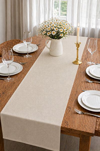 ŞAH TEXTILE DESIGN Taş rengi pamuk karışımlı natural runner sofra sunumu 40x200