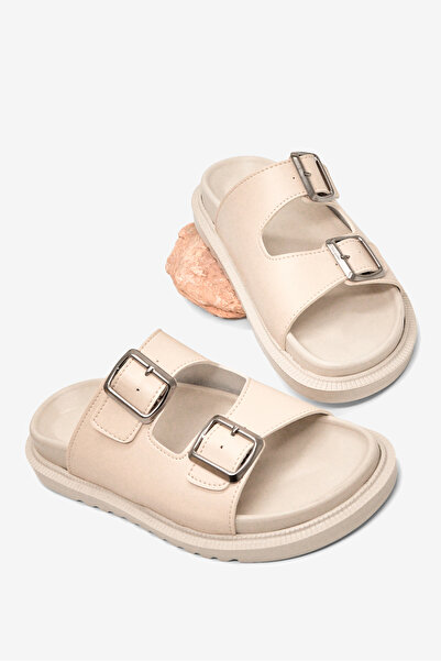 Tonny Black Women's Beige Skin Comfortable Fit Double Buckle Non-Slip Slippers