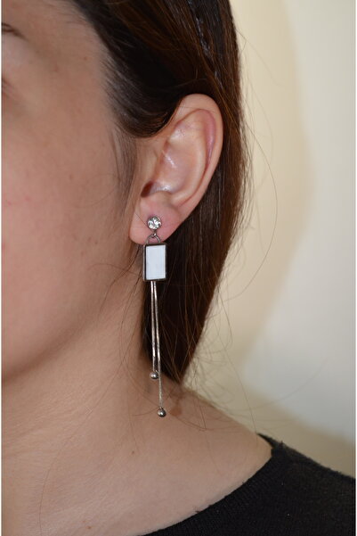 shop Marble Patterned Shiny Stone Detailed Dangle Silver Color Earrings