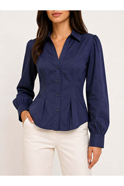 LOBOLIC Women's Waist-Fitted Poplin Shirt Double-Breasted Collar Long Sleeve ...