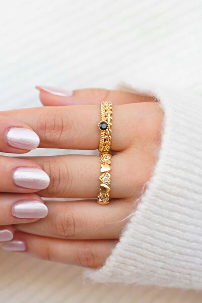 THE Steel Women's Gold Color Stone Adjustable 2-Piece Ring Set