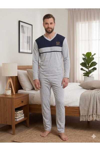 KMKkombin Men's V-Neck Long Sleeve Comfortable Pajama Set
