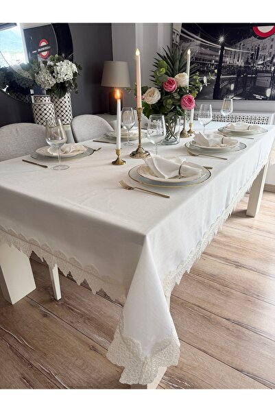Decamor home Λευκό τραπεζομάντιλο με λινή υφή και λεπτομέρεια από δαντέλα στι...