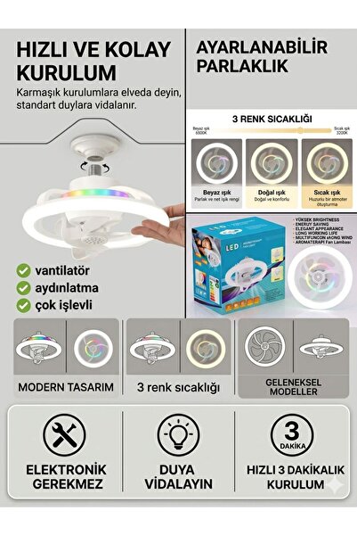 TRENDPLUS 360° Dönebilen E27 Tavan Vantilatörü Ampul LED Işık Uzaktan Kumanda...