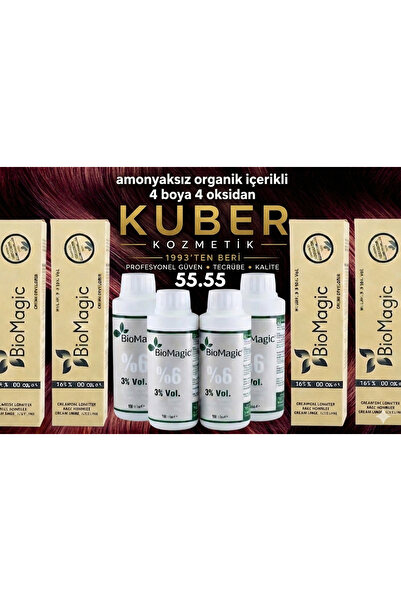 BIOMAGIC 55.55 Şarap Kızılı Organik İçerikli Amonyaksız Kalıcı Saç Boyası 4Bo...