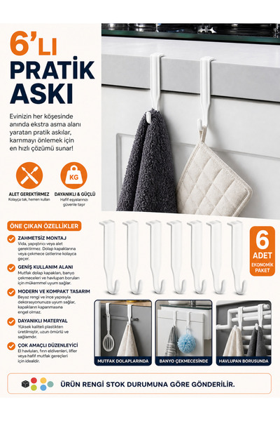 HopeWay Home 6’lı Kapı Arkası Askı Aparatı – Dolap İçi Askılık, Mutfak & Bany...