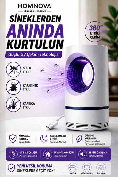 Homnova UV Sinek Kovucu Lamba USB’li Elektrikli Sinek Öldürücü Sessiz Kimyasa...