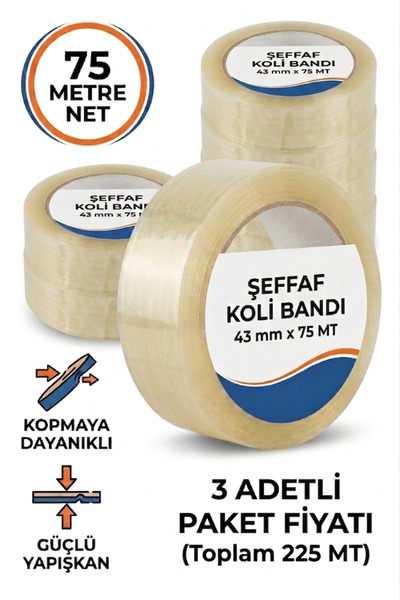 Kacar 75 Metre Şeffaf Akrilik Koli Bandı 3 Adet Avantaj Paketi - 43mm x 75m (...