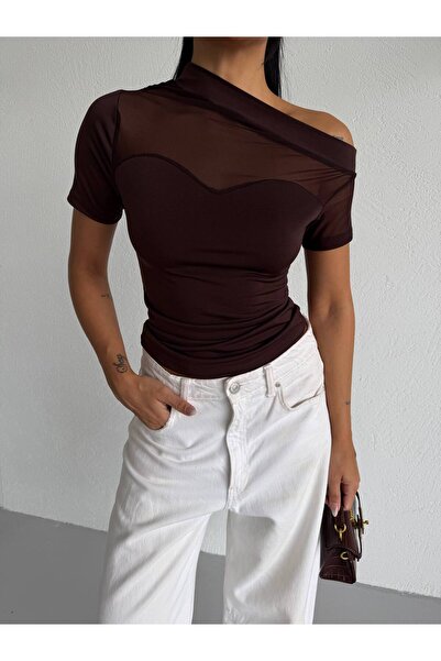 kayzn.tr Kadın Beyaz Tek Omuz Transparan Detaylı Slim Fit Bluz
