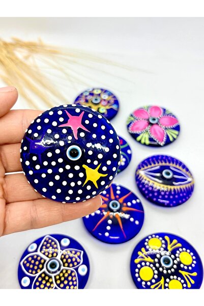 Azrua Modern Yaldızlı El Boyaması Yıldızlı Noktalı Nazar Boncuklu Magnet, Dek...