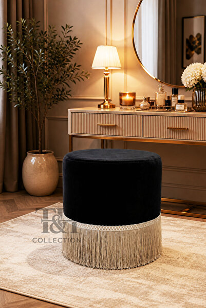 T&H İstanbul Püsküllü Puf Siyah, Dekorasyon Pufu, Püsküllü Puf, Siyah Puf