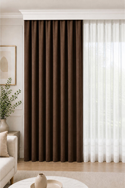 BURCIN HOME 1/3 Regular Pleated Background Curtain Brown 100X250 cm (260/270 ...