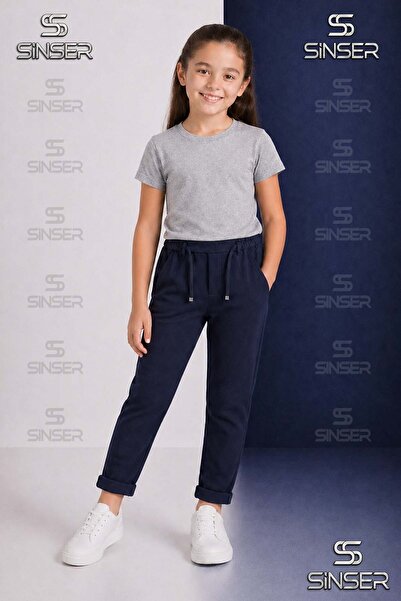 SS SİNSER Pantaloni uni pentru fete, cu talie elastică, stil Lycra cu tiv pli...