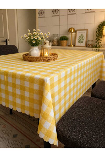 ÖZDAĞ HOME CONCEPT 150X150 cm Yellow White Gingham Tablecloth Seamless Fabric...