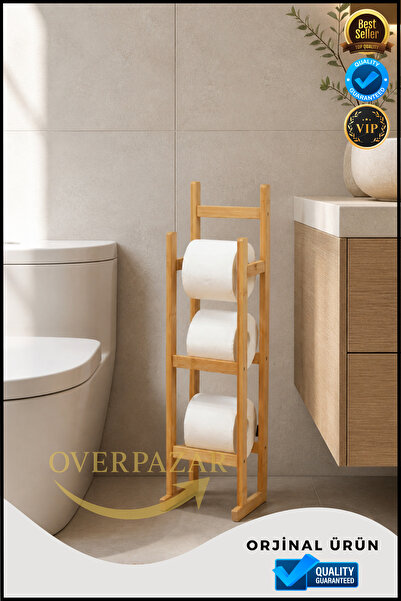 Overbazaar Ahşap Tuvalet Kağıtlığı 3’lü Ayaklı Banyo Kağıt Standı Demonte Kol...