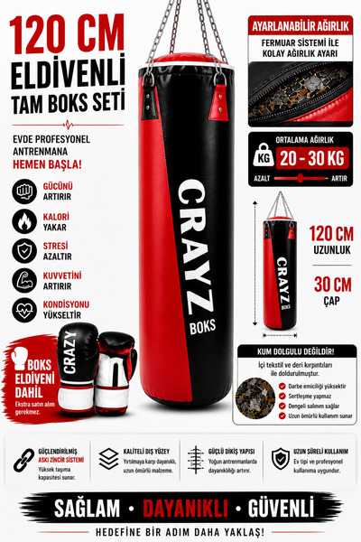 Crazy 120 CM Boks Torbası Seti Eldivenli | Ayarlanabilir Profesyonel Kum Torb...