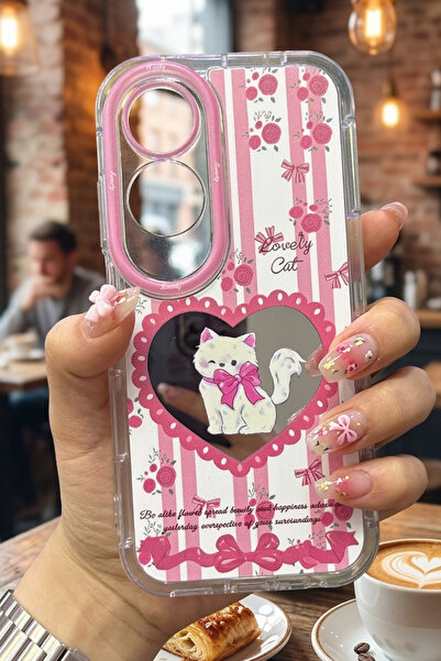Nezih Case Oppo A60 Uyumlu Premium Pembe Kedi ve Fiyonk Desenli Aynalı Tasarı...