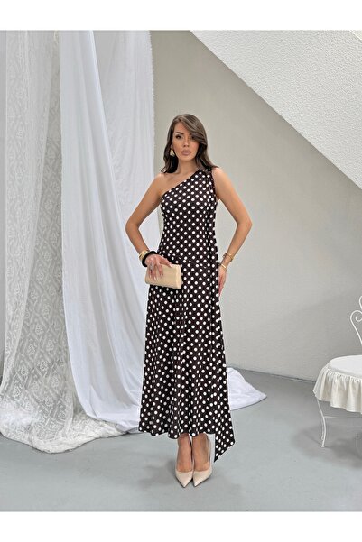 MODAMERSİ Women's Brown Polka Dot One-Shoulder Dress with Scarf