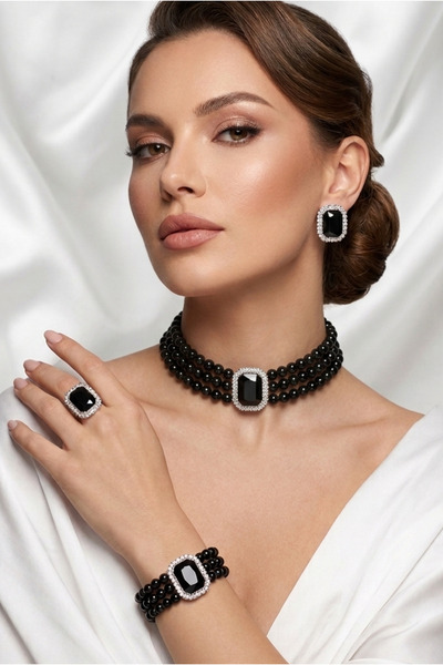 Happyline Baget Taşlı Siyah İncili Choker Set Takım, Siyah Cam İncili Kolye ,...