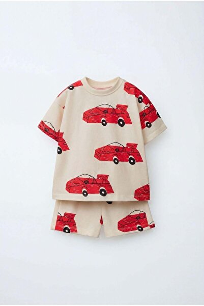 Magu Erkek Çocuk Pamuklu Kırmızı Araba Baskılı T-shirt Şort Takım