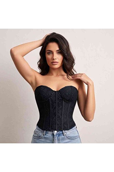 Orvelia Sofistike Floral Dantelli Büstiyer Korse Onyx