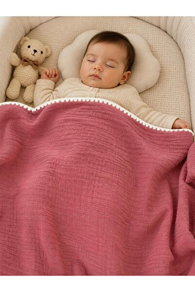 LUMİBABY BUTİK 100% Cotton Muslin Pom-Pom Baby Blanket, (80X100 cm)