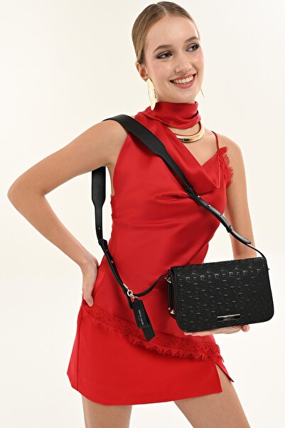 Pierre Cardin Women's Black Logo Patterned Faux Leather Shoulder Bag with Adj...