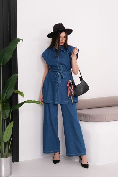 yusuf tekstil Dark Denim Two-Piece Set with Skirt – Oversized Jacket Casual S...