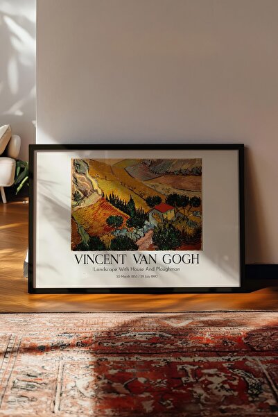 Postifull Vincent Van Gogh - Peisaj cu casă și cultivator, Tablou înrămat neg...
