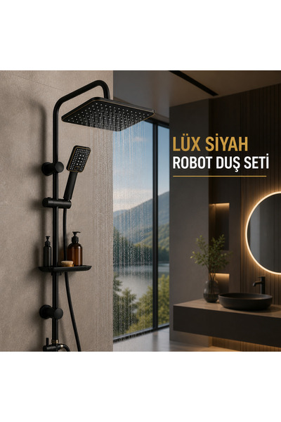 MİXSA Lüx Premium Siyah Robot Duş Seti Tepe Yağmurlama El Duşu Kare Siyah Rob...