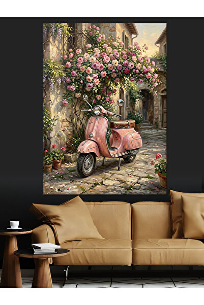 Artmeg Scooter clasic roz pe o stradă cu flori - Pânză decorativă - Masă din ...