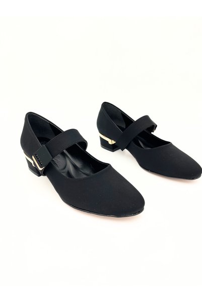 viderri Women's Black Satin Stylish Buckle Detailed Elastic Band Gold Detailed Short Heeled Women's Shoes Vdz02016