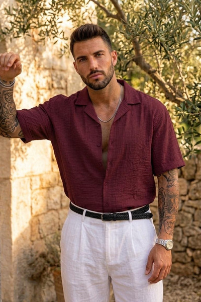 bozdemirtshirt Men's Oversize Linen Fabric Short Sleeve Shirt