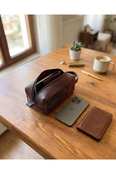 BUO Leather Hakiki Deri Fermuarlı El Çantası - Dopp Kit (EDC Pouch)
