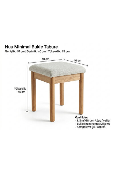 Paye Furni Nuu Minimal 2'li Tabure Gürgen Ahşap ayak, Tabure, Bukle Kumaş
