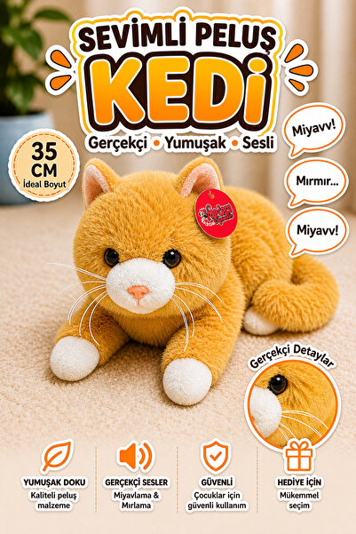 cayenna Pilli Sesli Peluş Kedi Oyuncak 35 cm – Gerçekçi Miyavlayan Yumuşak Do...
