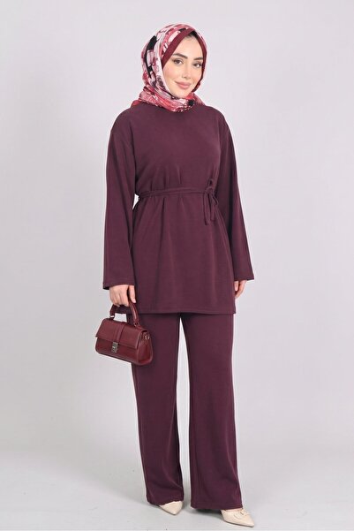 Norshen Burgundy Women's Tunic with Waist Tie Detail & Wide Leg Pants - Set