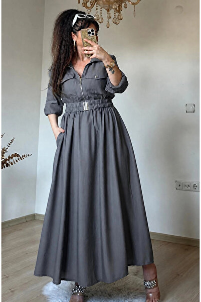AZRA BUTİK Rochie sport cu buzunar la guler, gri