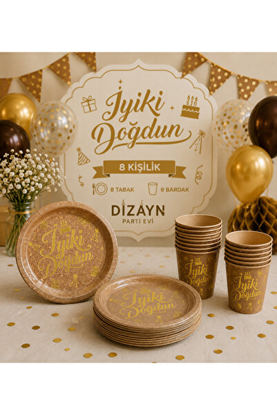 Dizayn Parti Evi Gold İyiki Doğdun 8 Kişilik Doğum Günü Parti Seti 8 Bardak 8...