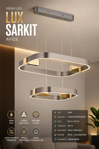 Elvora Home Modern (PREMİUM) LED Sarkıt Avize 3 Renk Ayarlanabilir Gold Kasa ...